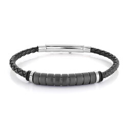 Italgem Black Ip Matte Centre Black Leather Adjustable Bracelet