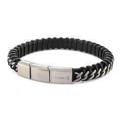 Italgem Stainless Steel Curb Link Black Leather Twisted Bracelet