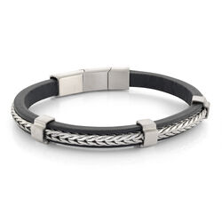 Italgem Stainless Steel Franco Link Centre Blue Leather Bracelet